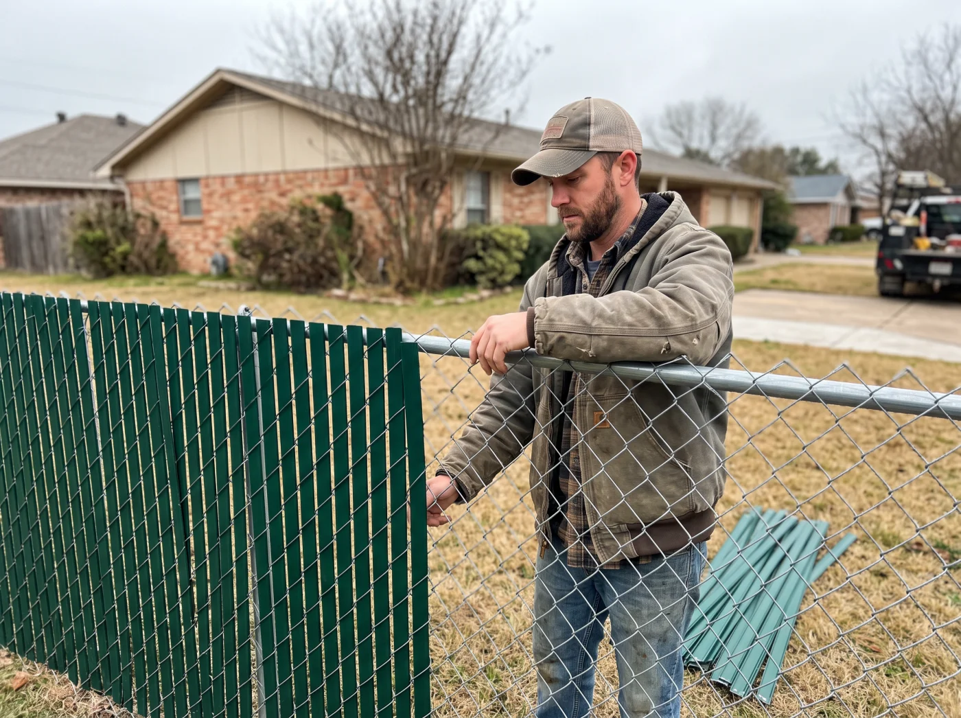 Installer weaving green privacy slats into a residential chain link fence