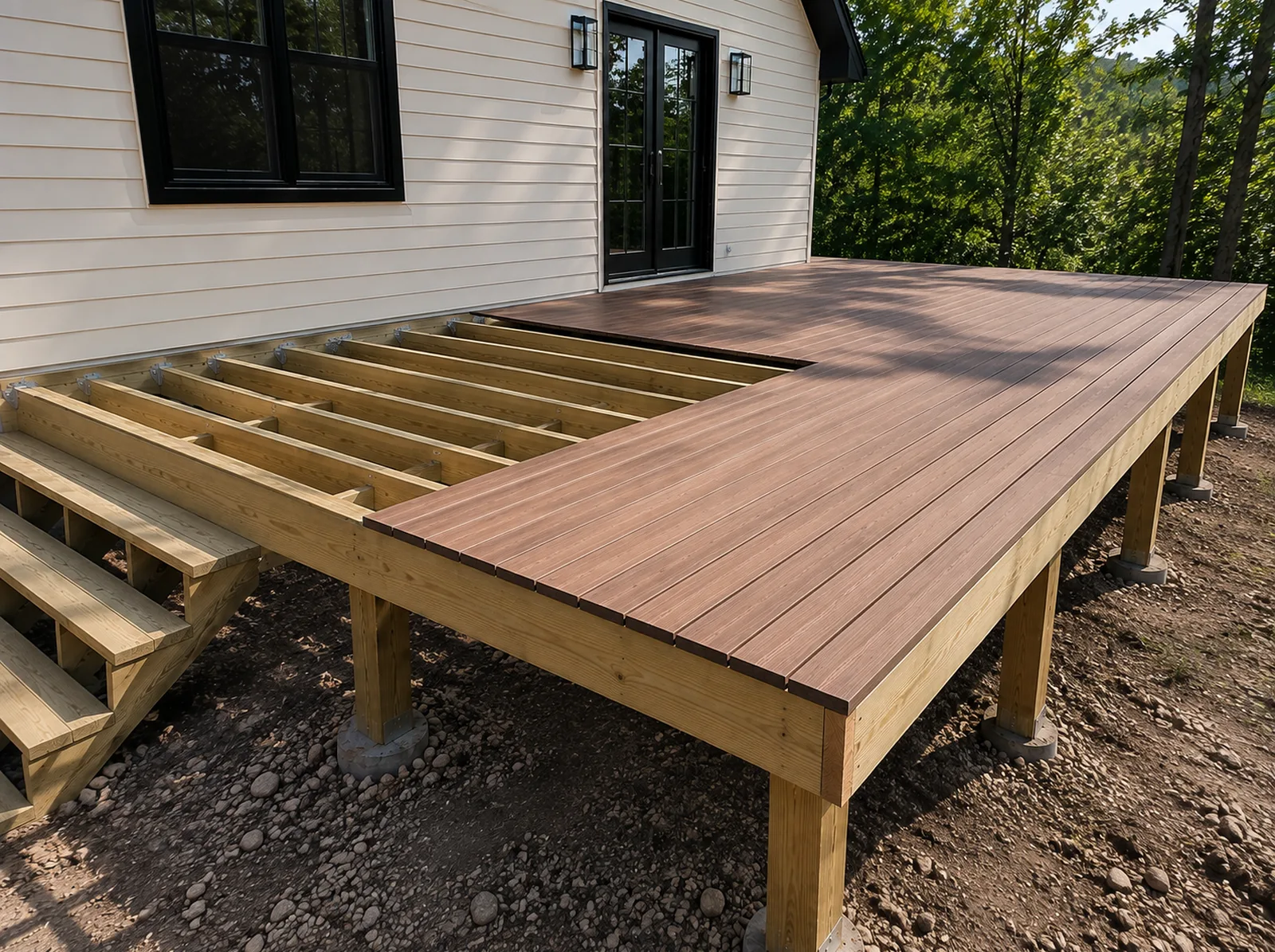 Composite deck partway built against a house, decking boards laid on part of the frame with exposed joists on the rest, stairs built to grade