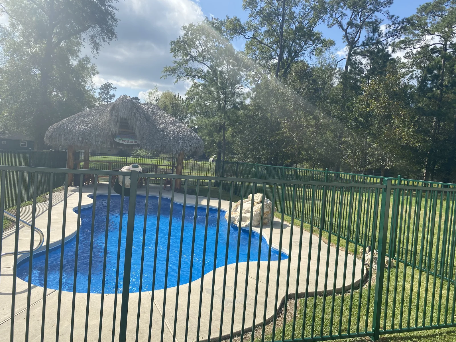 Aluminum pool fence enclosing a backyard pool with a palapa