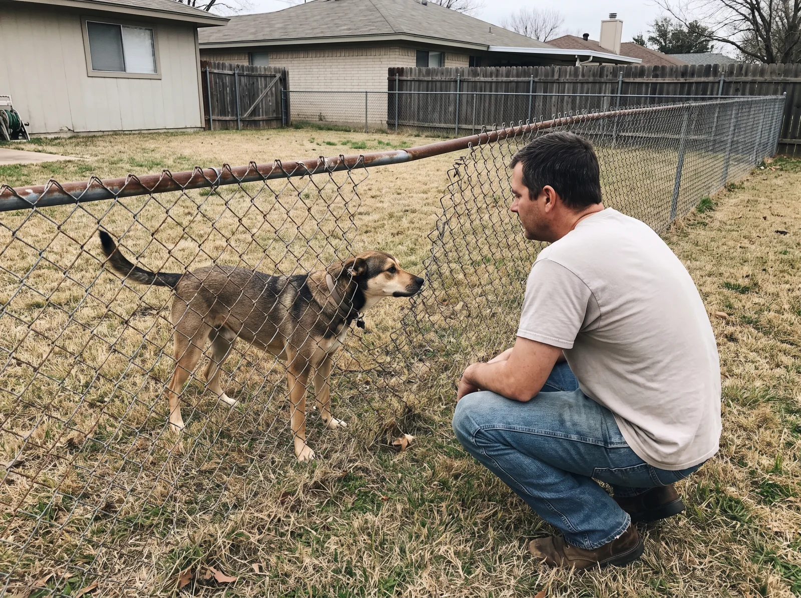 Man crouched at a chain link fence checking on a dog inside the yard